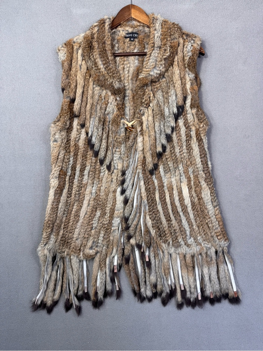 Boho Chic Fur Pelt Vest, 100% Fur Vest with Fringe, Native Style w/ Button, M